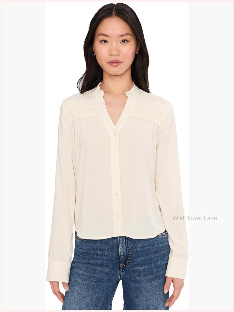 Long Sleeve Button Down Blouse With Scallop Trim & Shirring